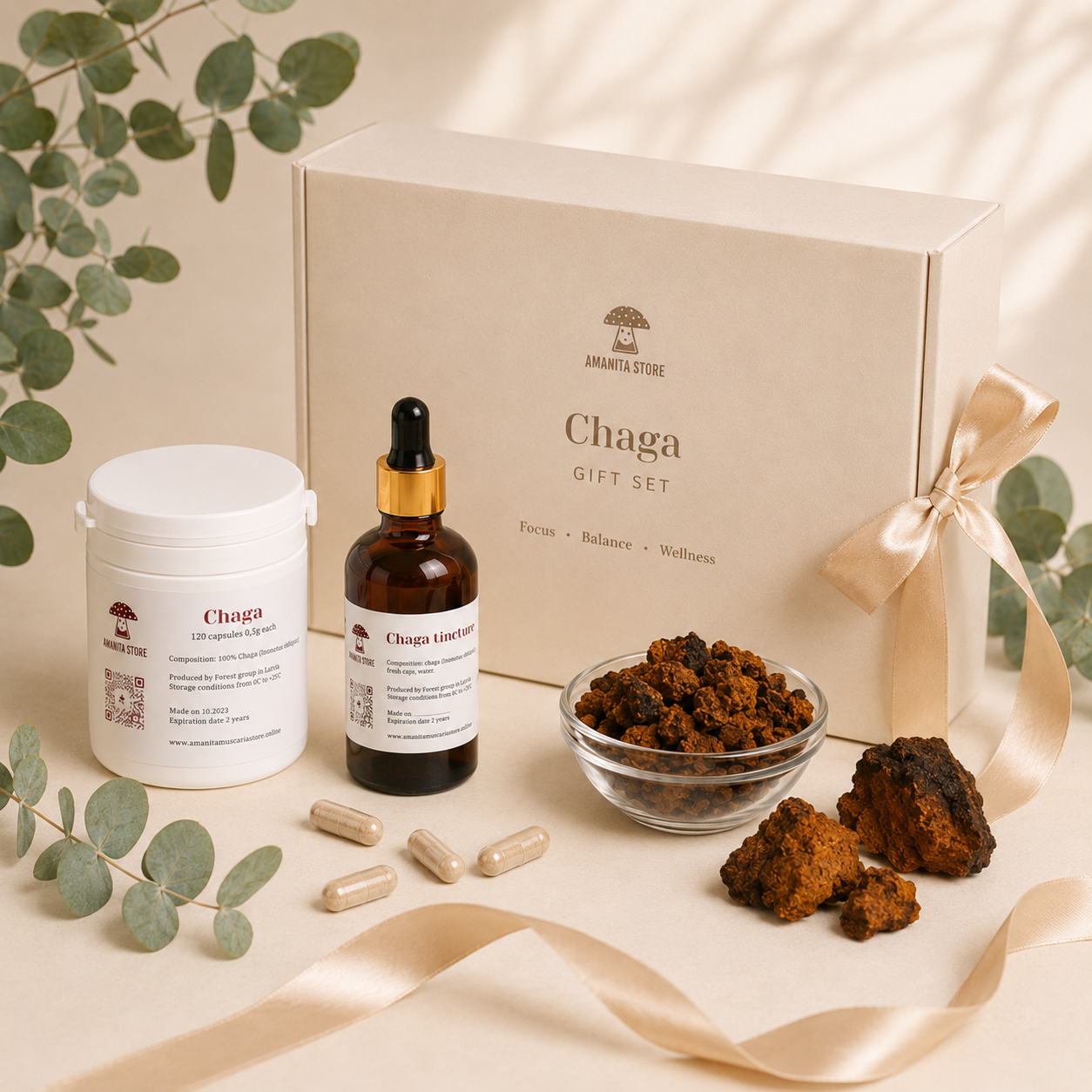 Chaga Mushroom Gift Set — Tincture, Capsules & Dried