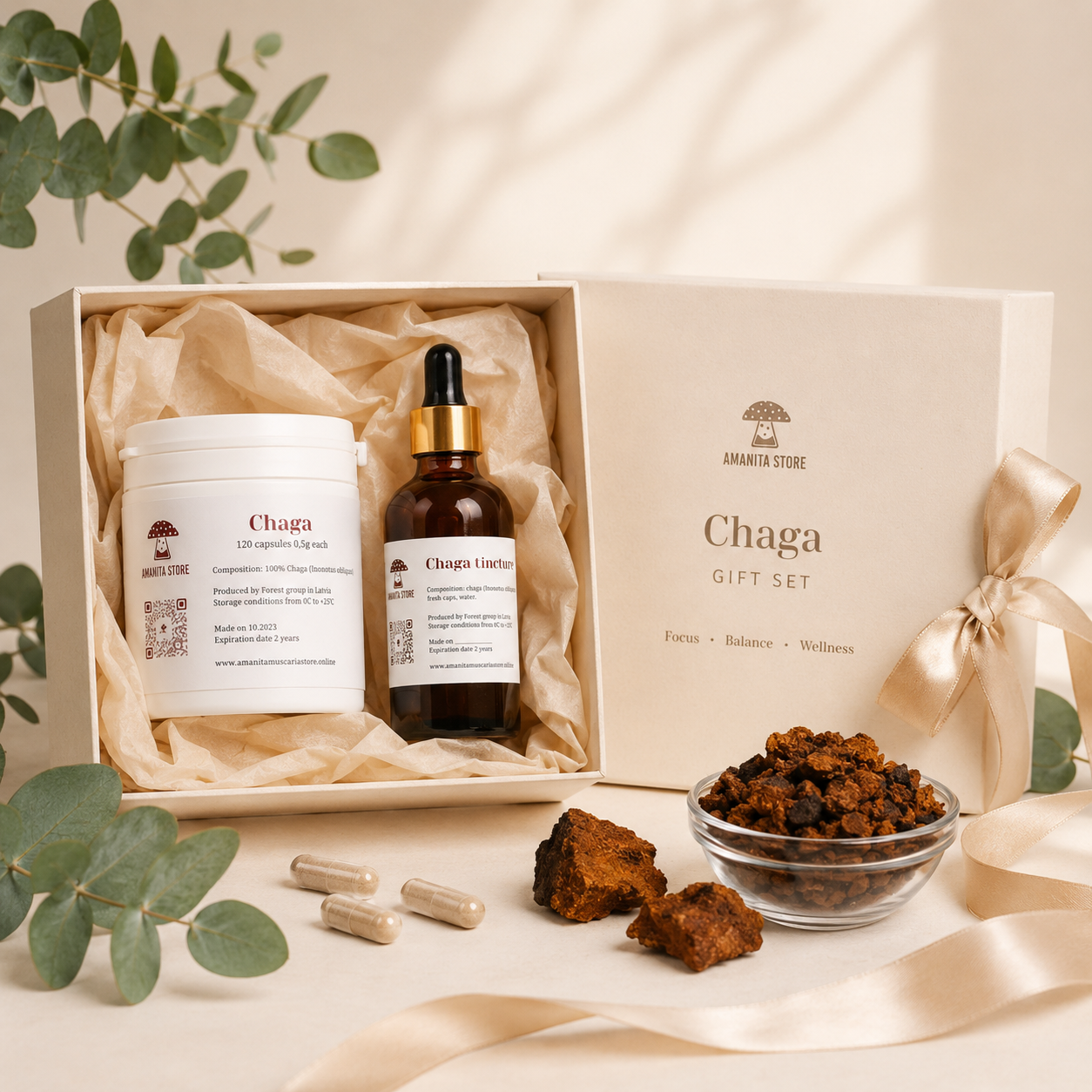 Chaga Mushroom Gift Set — Tincture, Capsules & Dried