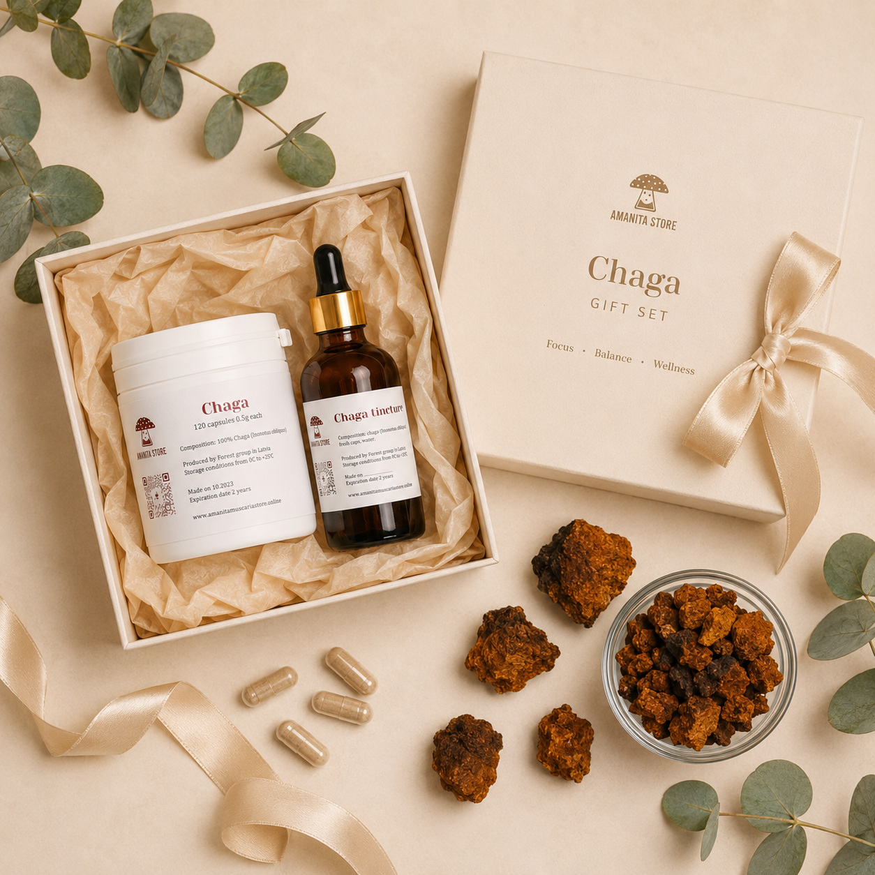 Chaga Mushroom Gift Set — Tincture, Capsules & Dried