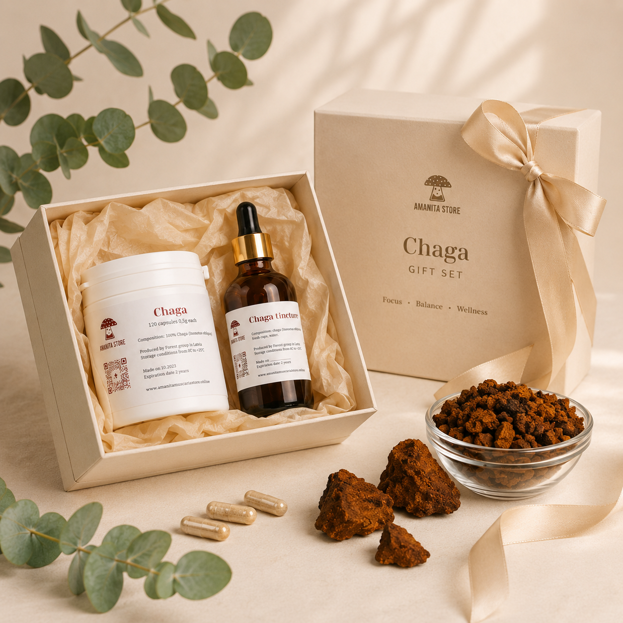 Chaga Mushroom Gift Set — Tincture, Capsules & Dried