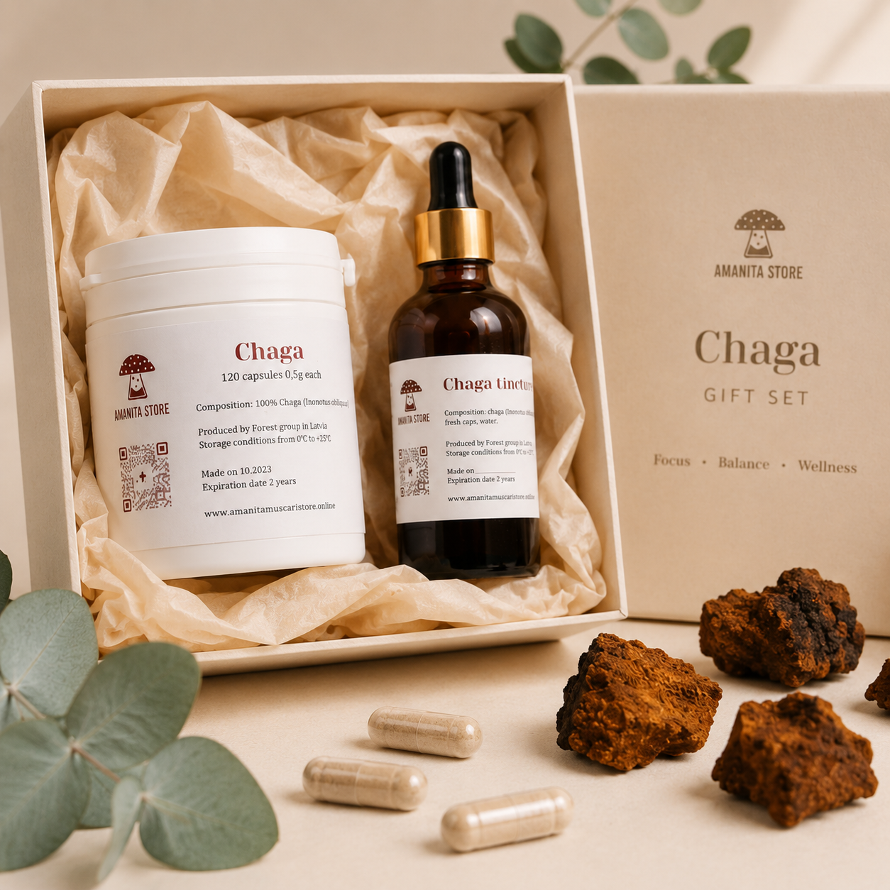 Chaga Mushroom Gift Set — Tincture, Capsules & Dried