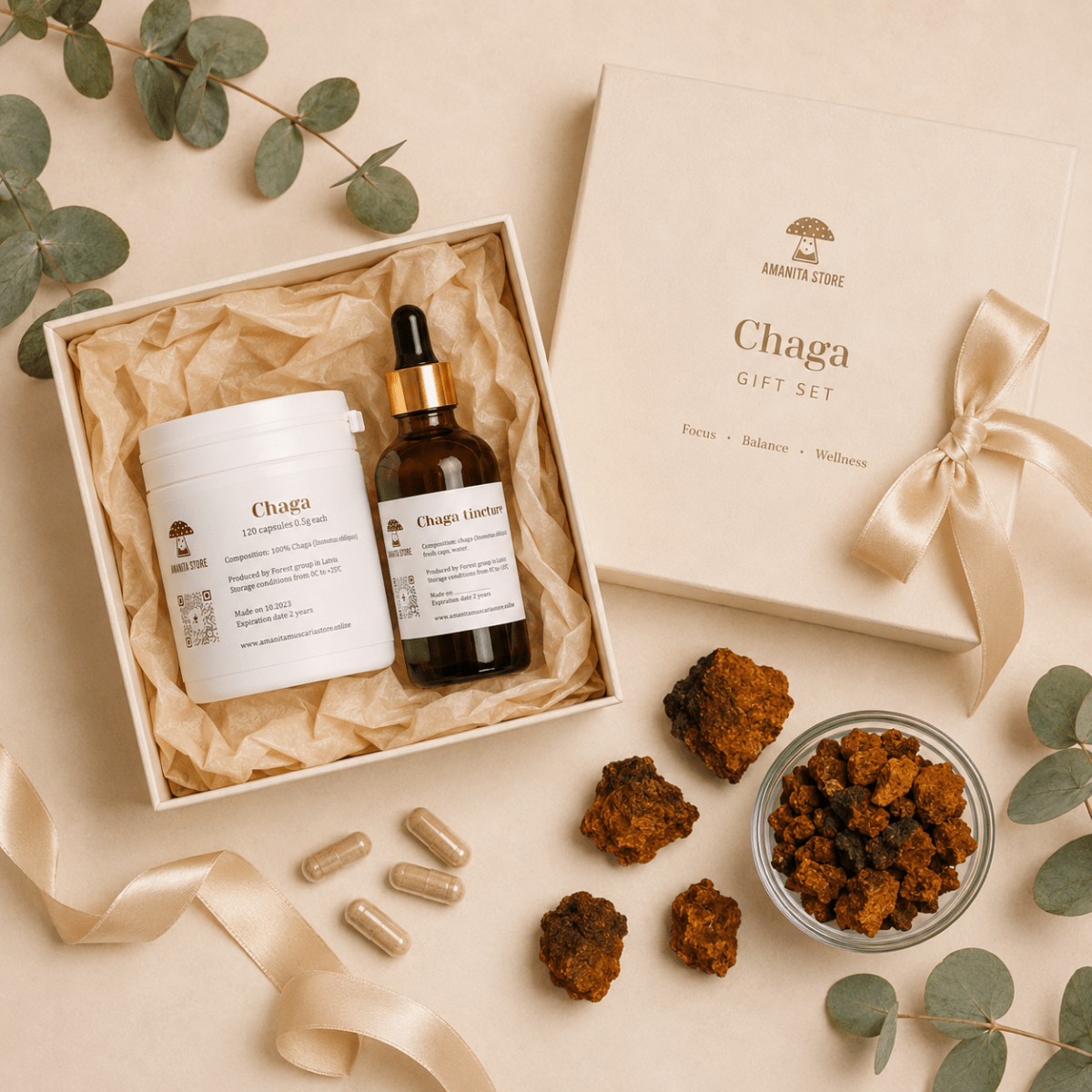 Chaga Mushroom Gift Set — Tincture, Capsules & Dried - Amanita Store