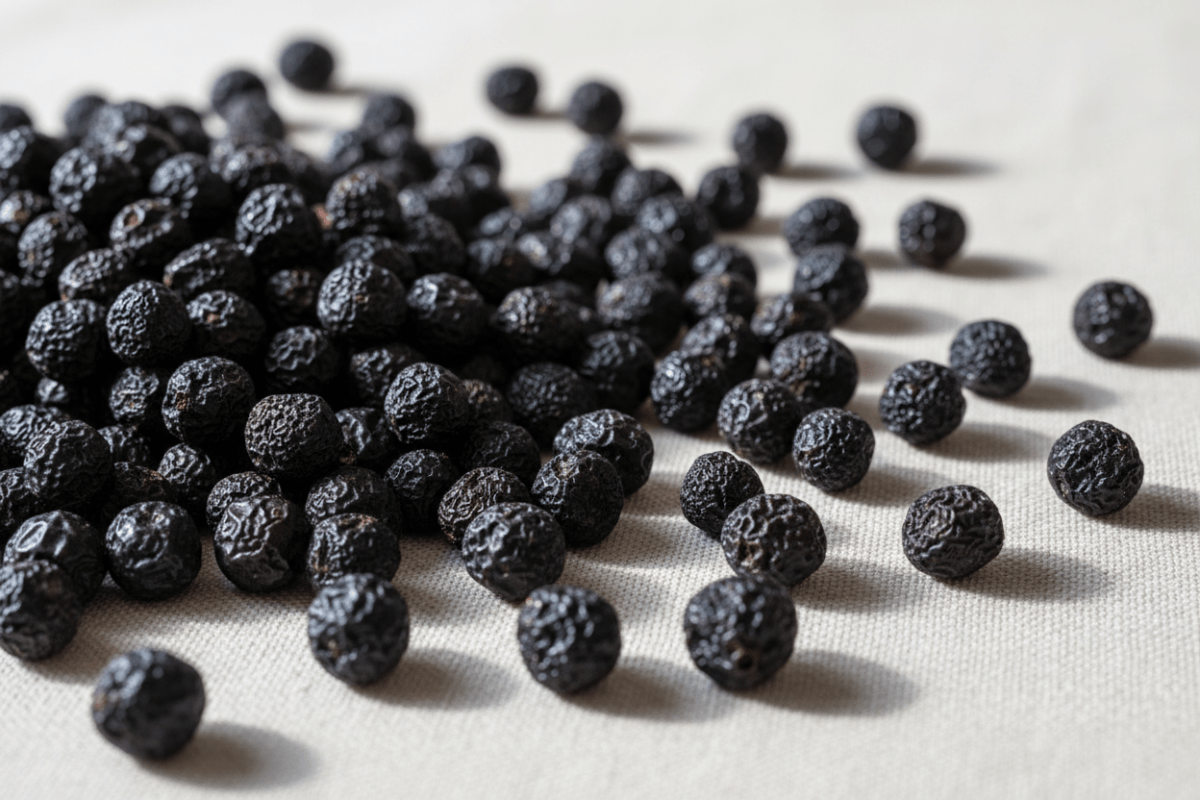 明るい背景に山盛りの濃いベリー