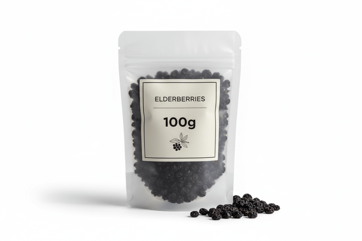 白い背景に100gと書かれたラベルが付いたエルダーベリーのパッケージ
