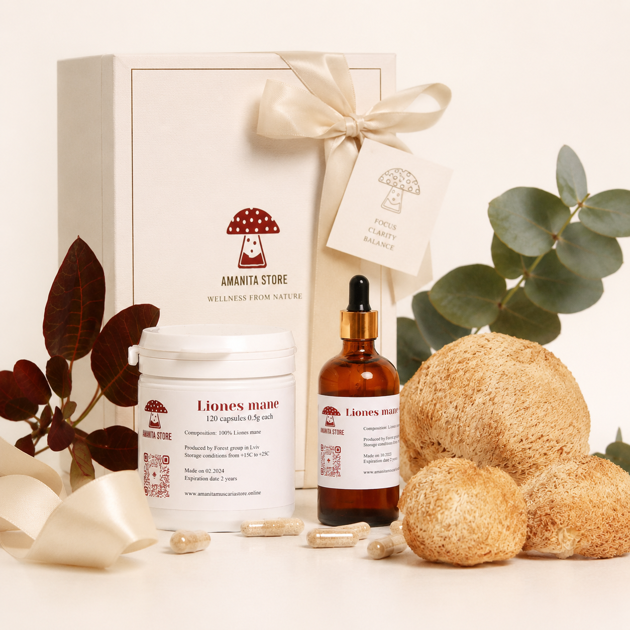 Lion's Mane Mushroom Gift Set — Tincture, Capsules & Dried